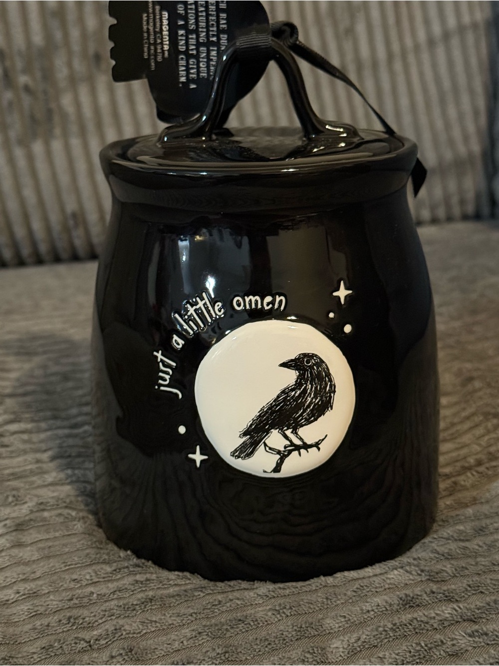 Rae Dunn Black Ceramic Raven Jar with 'Just a Little Omen' Accent NWT